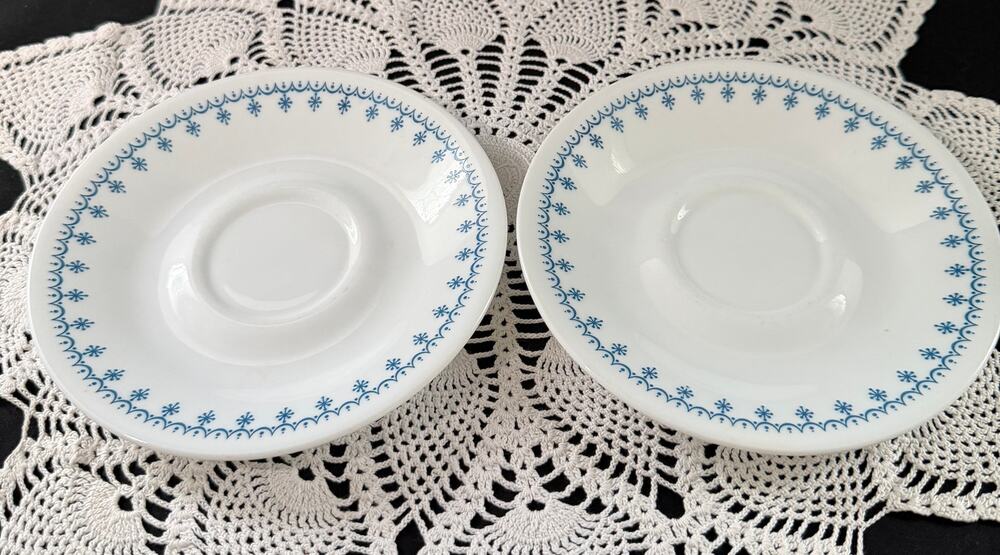 Vintage Corelle Snowflake Blue Garland Saucers Set of 2 1970s Corning 6.25"